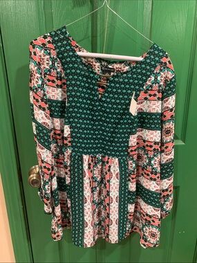 Patterned Boho Peasant Blouse in Teal and Coral